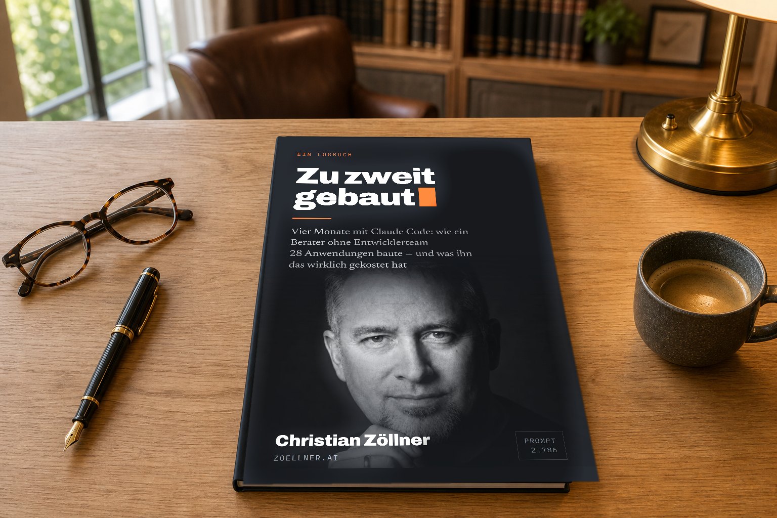 Das Buch „Zu zweit gebaut“ liegt flach auf einem hellen Holzschreibtisch, von schräg oben aufgenommen, sodass das Cover vollständig zu lesen ist; daneben ein Füllfederhalter, eine Lesebrille und eine Tasse Kaffee, im Hintergrund ein Büro mit Bücherregal, Ledersessel und Fensterfront.
