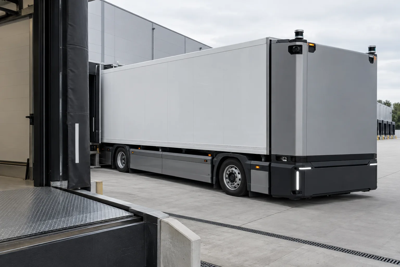 Ein fahrerloser Lastwagen mit kabinenloser, kastenförmiger Front und Sensoreinheiten auf dem Dach steht rückwärts an einer Laderampe eines Logistikgebäudes, die Tordichtung ist geöffnet, im Hintergrund weitere Rampen und Bäume.